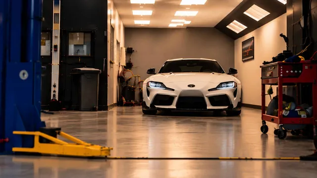 A white Toyota Supra parked in the lit detailing bay at Custom Auto Care